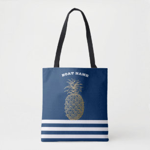 Gold Pineapple Nautical Navy Blue Striped   Tote Bag