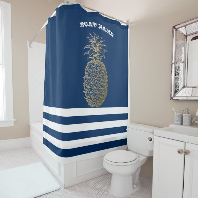 Gold Pineapple  Navy Blue Striped Shower Curtain (In Situ)