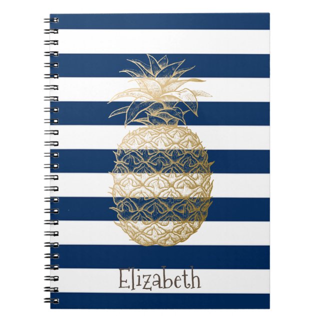Gold Pineapple Navy Blue Stripes Notebook (Front)