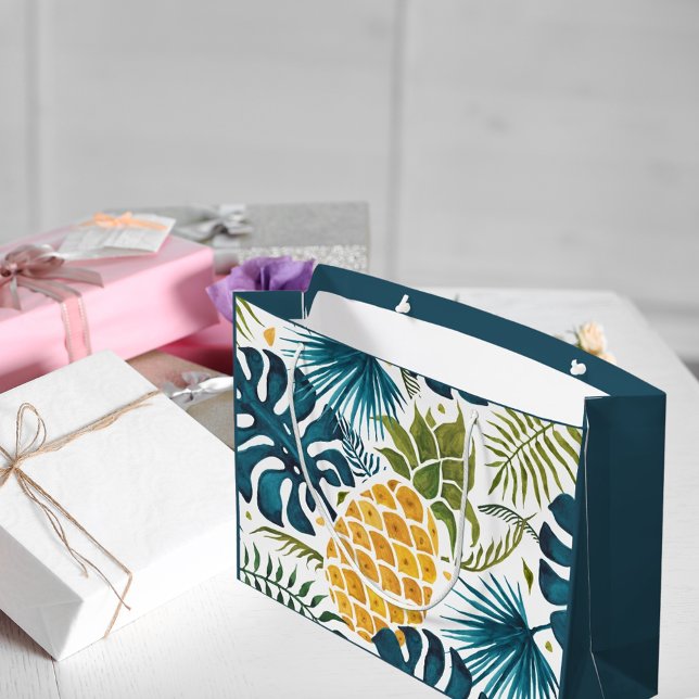 Gold pineapple palm foliage green blue tropical large gift bag (Creator Uploaded)