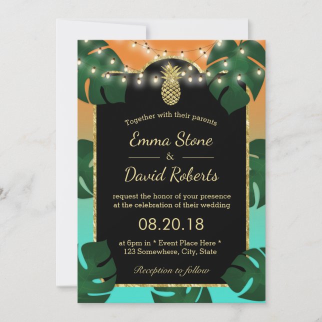 Gold Pineapple String Lights Tropical Wedding Invitation (Front)