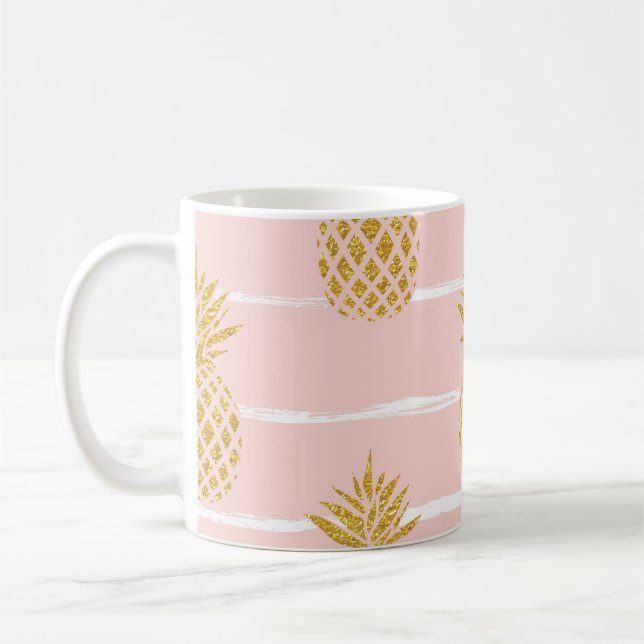 Gold Pineapple, Striped Summer Background. Coffee Mug (Left)