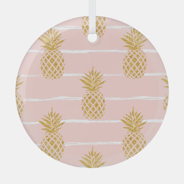 Gold Pineapple, Striped Summer Background. Glass Tree Decoration (Front)