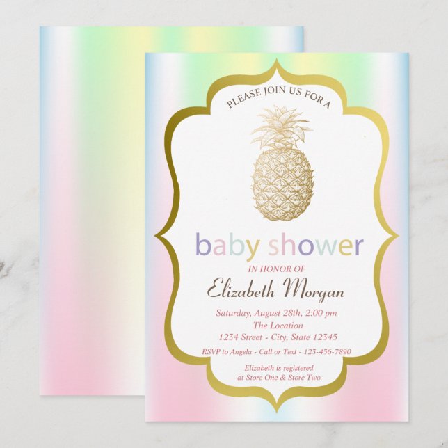 Gold Pineapple Tropical Holographic Baby Shower Invitation (Front/Back)