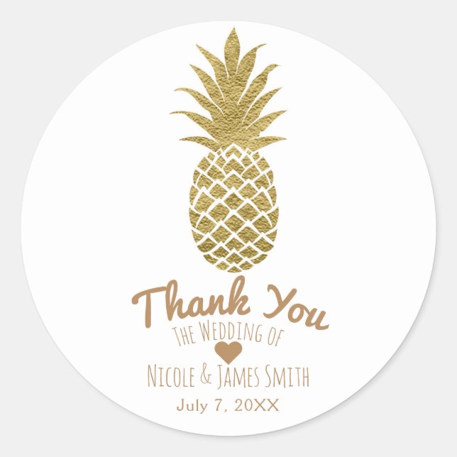 Gold Pineapple White Modern Chic Tropical Favour Classic Round Sticker (Front)