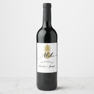 Gold Pineapple White Tropical Elegant Wedding Wine Label
