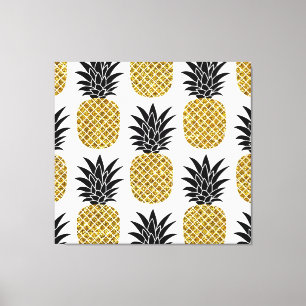 Gold Pineapples: Hand-Drawn White Seamless. Canvas Print