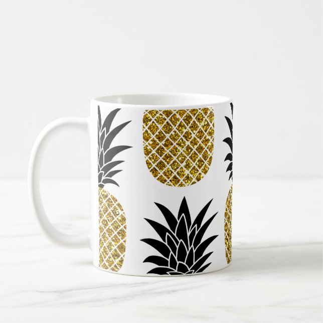 Gold Pineapples: Hand-Drawn White Seamless. Coffee Mug (Left)