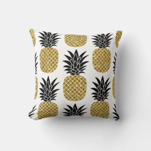 Gold Pineapples: Hand-Drawn White Seamless. Cushion