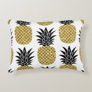 Gold Pineapples: Hand-Drawn White Seamless. Decorative Cushion