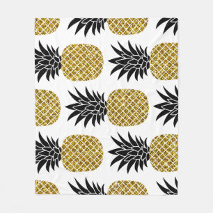 Gold Pineapples: Hand-Drawn White Seamless. Fleece Blanket