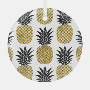 Gold Pineapples: Hand-Drawn White Seamless. Glass Tree Decoration