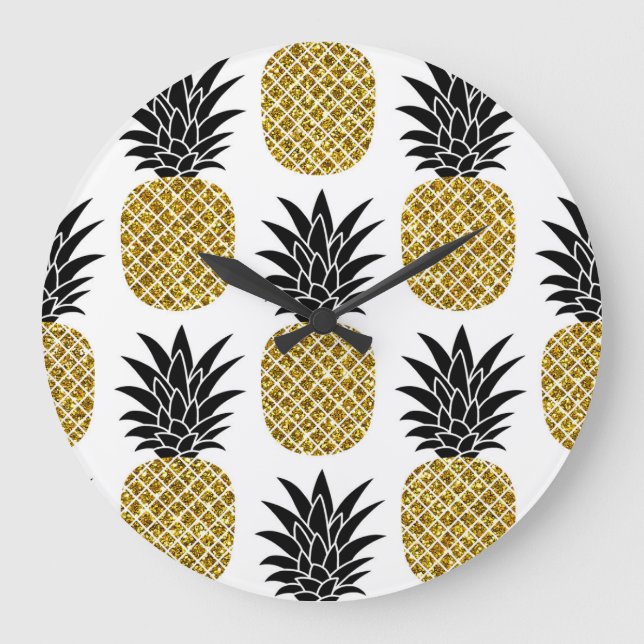 Gold Pineapples: Hand-Drawn White Seamless. Large Clock (Front)