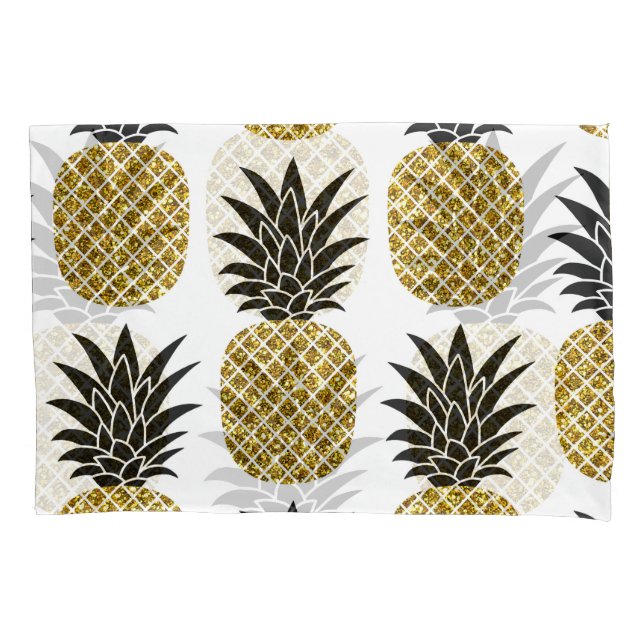Gold Pineapples: Hand-Drawn White Seamless. Pillowcase (Front)