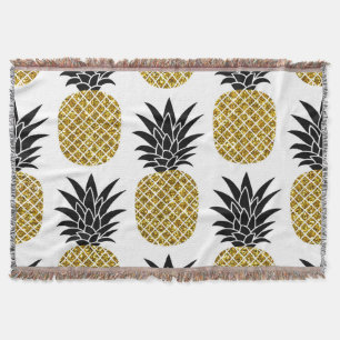 Gold Pineapples: Hand-Drawn White Seamless. Throw Blanket