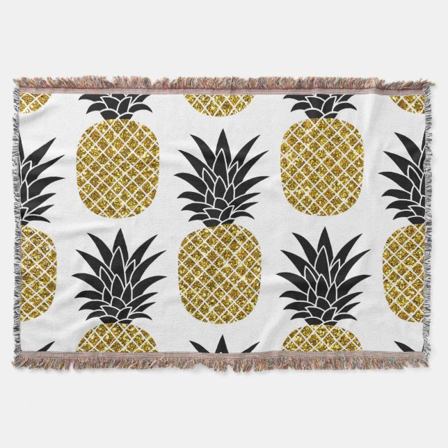 Gold Pineapples: Hand-Drawn White Seamless. Throw Blanket (Front)