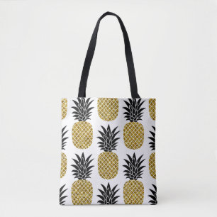 Gold Pineapples: Hand-Drawn White Seamless. Tote Bag