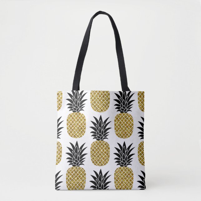 Gold Pineapples: Hand-Drawn White Seamless. Tote Bag (Front)