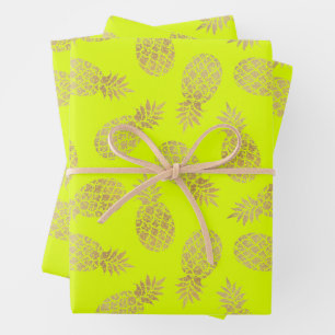 Gold Pineapples on Chartreuse Wrapping Paper Sheet