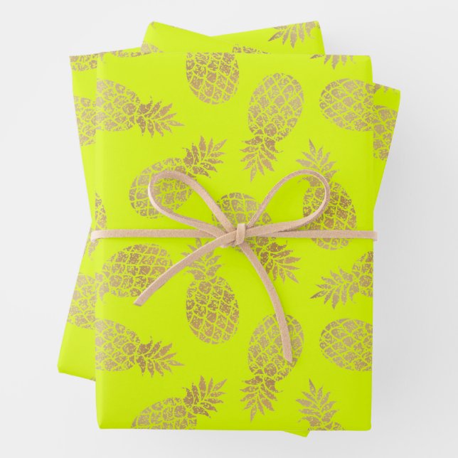 Gold Pineapples on Chartreuse Wrapping Paper Sheet (In situ)