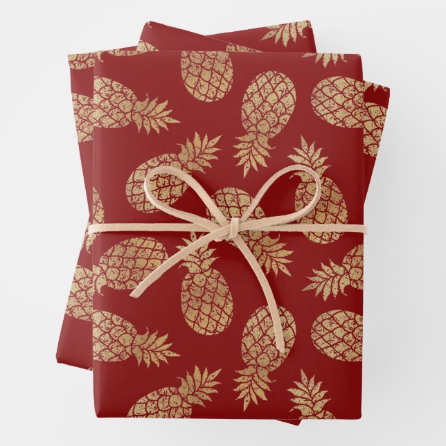 Gold Pineapples on Deep Red Wrapping Paper Sheet (In situ)
