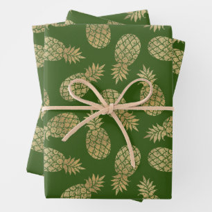 Gold Pineapples on Green Wrapping Paper Sheet