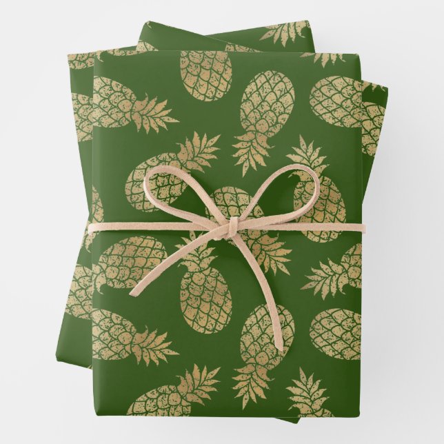 Gold Pineapples on Green Wrapping Paper Sheet (In situ)