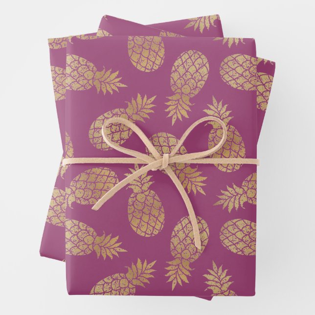 Gold Pineapples on Raspberry Wrapping Paper Sheet (In situ)