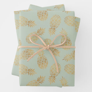 Gold Pineapples on Sage Green Wrapping Paper Sheet
