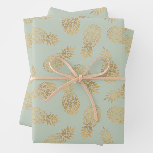 Gold Pineapples on Sage Green Wrapping Paper Sheet (In situ)