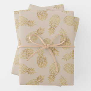 Gold Pineapples on Taupe Wrapping Paper Sheet