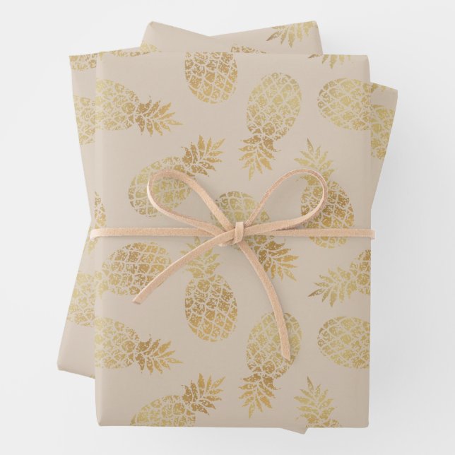 Gold Pineapples on Taupe Wrapping Paper Sheet (In situ)