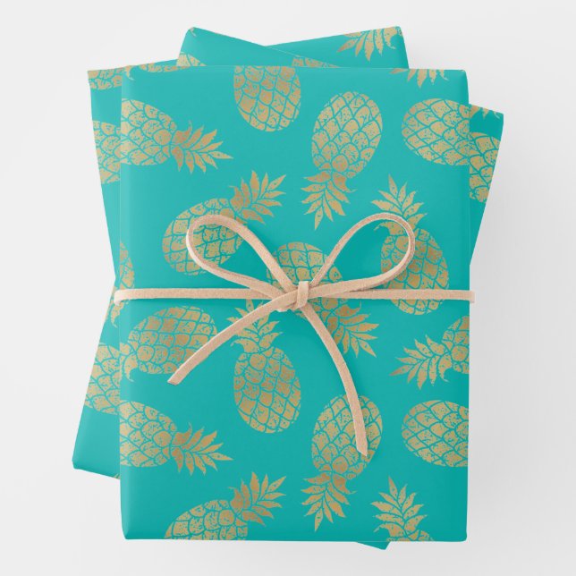 Gold Pineapples on Turquoise Wrapping Paper Sheet (In situ)