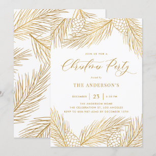 Gold Pinecones and Pine Needles Holiday Party Invitation