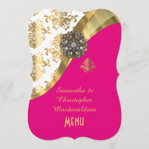 Gold, pink and white damask wedding menu