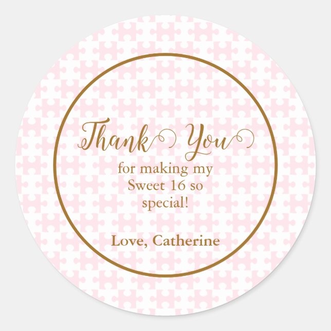 Gold Pink And White Puzzle Chequered Sweet 16 Classic Round Sticker (Front)