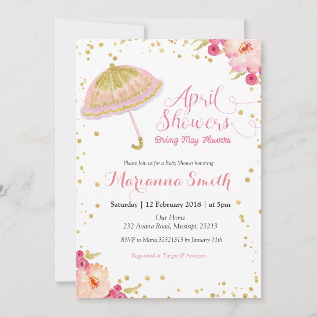 Gold Pink April Shower Bring May Flowers Invitation (Front)