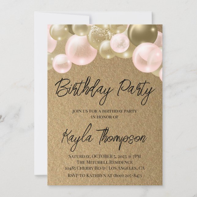 Gold Pink Balloon Birthday Party Invitation (Front)