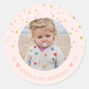 Gold & Pink Balloons   1st Birthday Party Photo Cl Classic Round Sticker