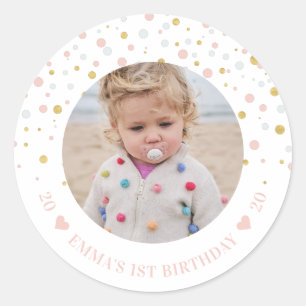 Gold & Pink Balloons 1st Birthday Party Photo Classic Round Sticker