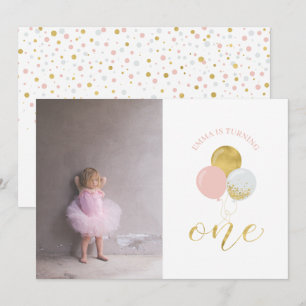Gold & Pink Balloons   Girl 1st Birthday Party Invitation
