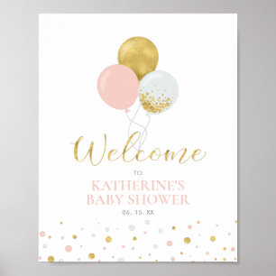 Gold & Pink Balloons Girl Baby Shower Welcome Poster