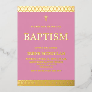Gold Pink Baptism Foil Invitation