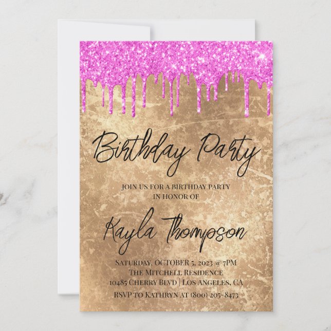 Gold Pink Birthday Party Invitation (Front)