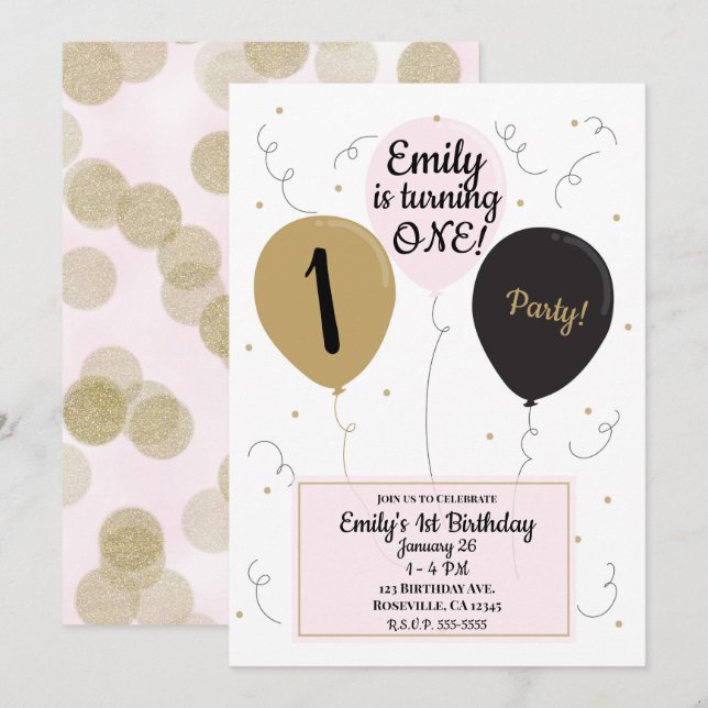 Gold Pink & Black Balloons Girl 1st Birthday Party Invitation (Front/Back)