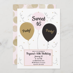 Gold Pink & Black Balloons Sweet 16 Birthday Party Invitation