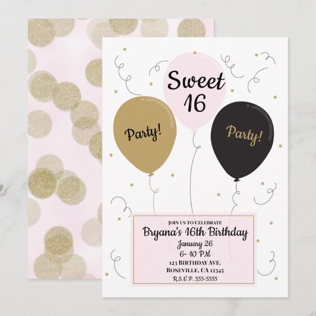 Gold Pink & Black Balloons Sweet 16 Birthday Party Invitation (Front/Back)