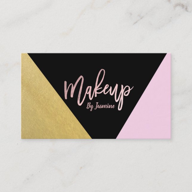 Gold Pink Black Makeup Modern Script Brush Stroke Business Card (Front)