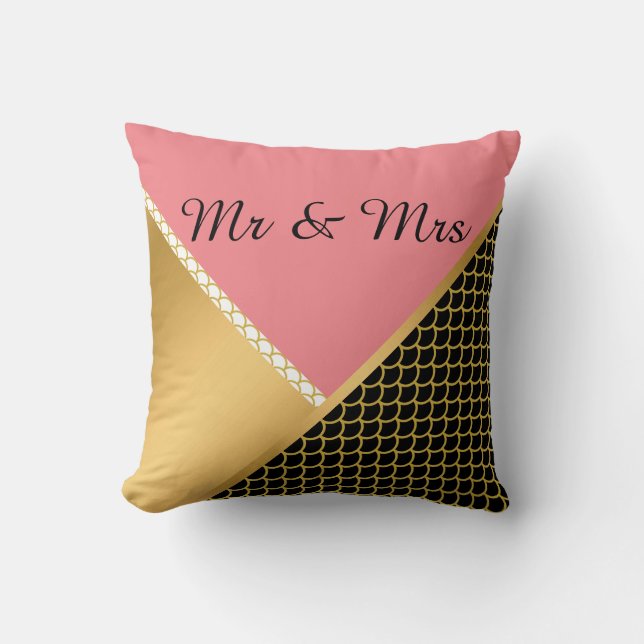 GOLD PINK BLACK MERMAID DESIGN WEDDING PILLOW (Front)