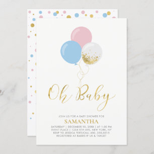 Gold, Pink, Blue Balloons Oh Baby Baby Shower Invitation